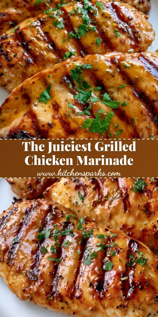 Three grilled chicken breasts with dark brown parallel char marks and a glossy herb glaze on a white plate. (Grilled Chicken Marinade)