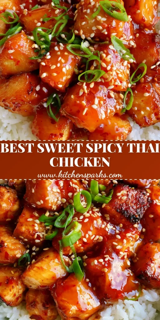 A top-down view of Sweet and Spicy Thai Chicken in a white bowl with glossy red sauce over white jasmine rice.