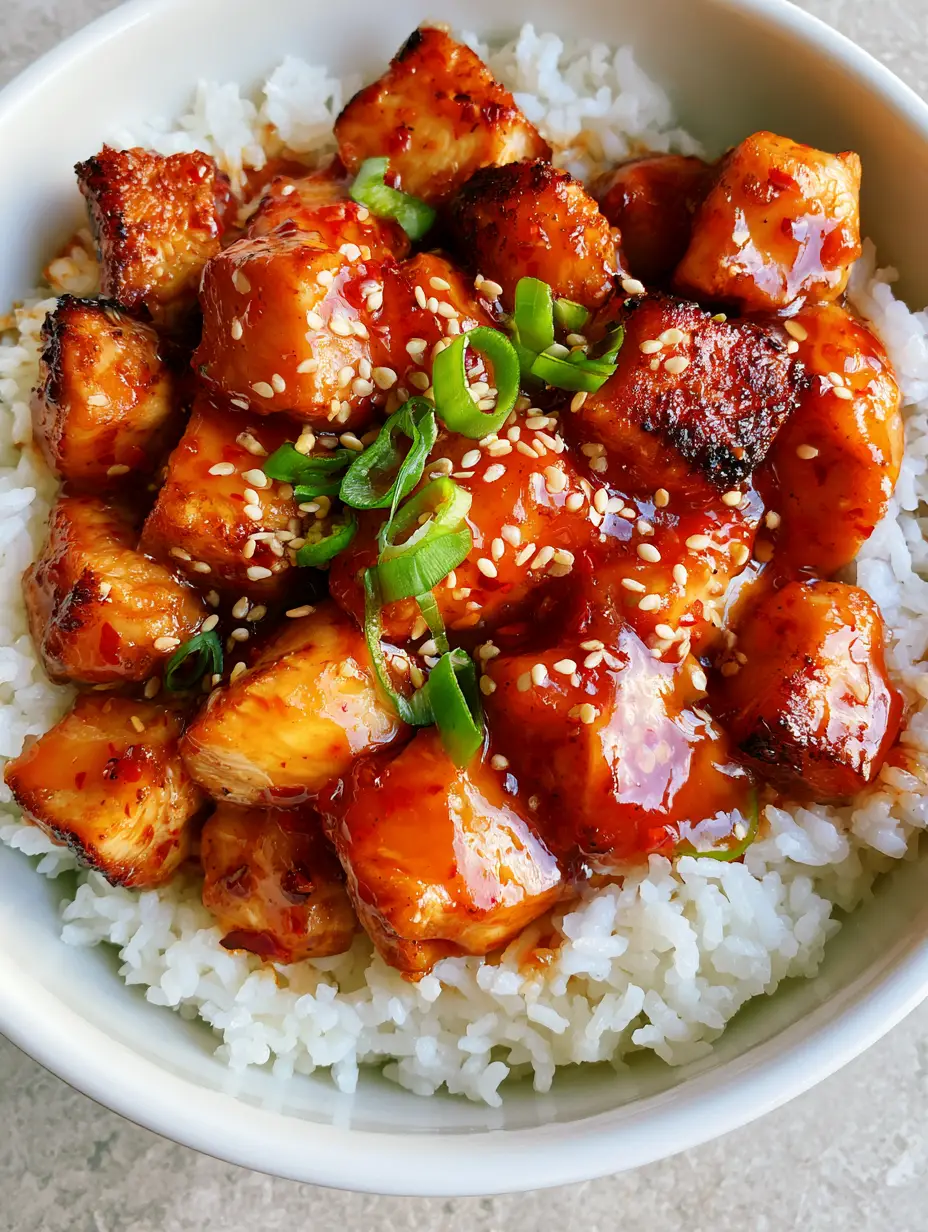Close-up of seared chicken cubes in a thick reddish-orange sticky glaze. (Sweet and Spicy Thai Chicken)