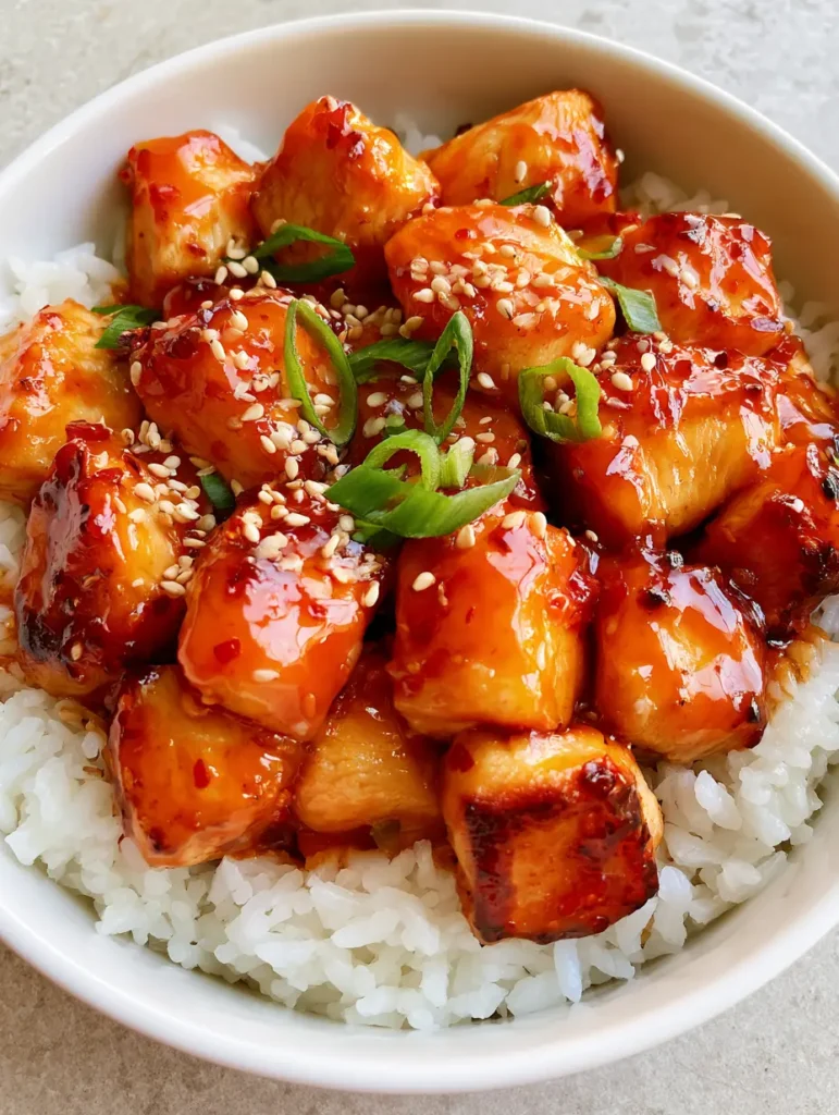 A smartphone-style photo of Sweet and Spicy Thai Chicken over fluffy jasmine rice with sesame seeds.
