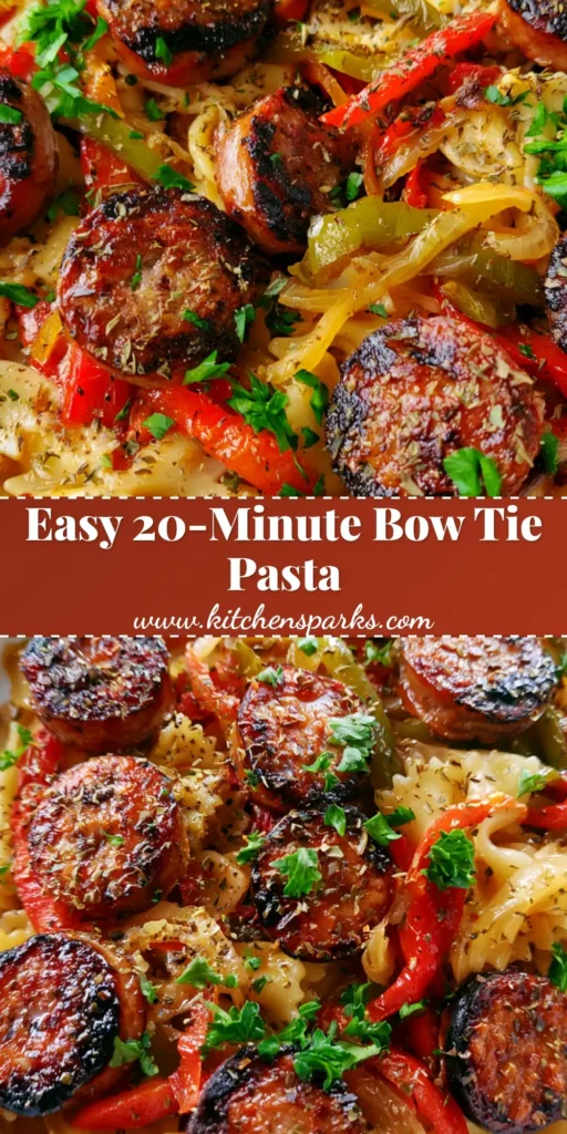 Italian Sausage Bow Tie Pasta with Seared Peppers and Onions 4 A top-down view of a shallow white ceramic bowl filled with Italian Sausage Bow Tie Pasta, featuring charred sausage slices and sautéed peppers.