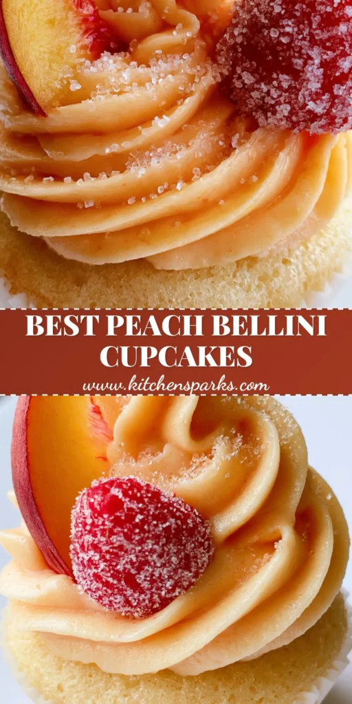 A close-up of a Peach Bellini Cupcake with a high swirl of pastel orange frosting, a fresh peach slice, and a sugared raspberry in a white paper liner.