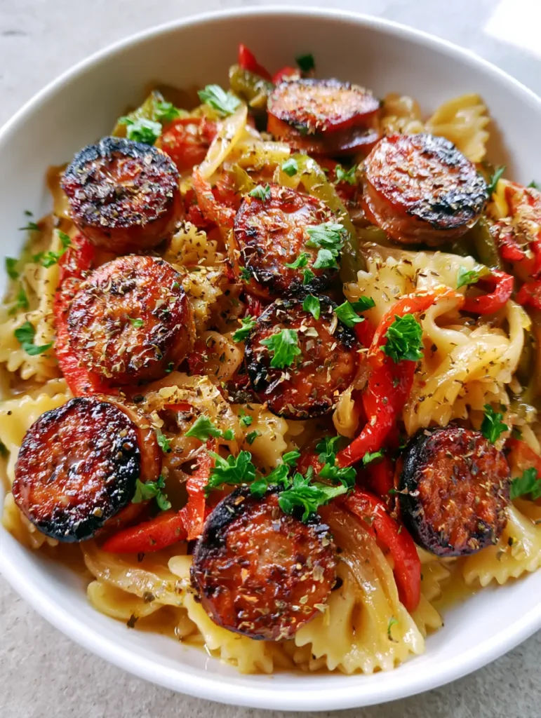 Italian Sausage Bow Tie Pasta with Seared Peppers and Onions 2 A close-up shot of al dente farfalle pasta and thick circular slices of seared Italian sausage links. (Italian Sausage Bow Tie Pasta)