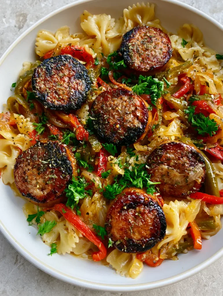 Italian Sausage Bow Tie Pasta with Seared Peppers and Onions 1 Vibrant red and green bell peppers mixed with bow tie pasta and golden sautéed onions. (Italian Sausage Bow Tie Pasta)