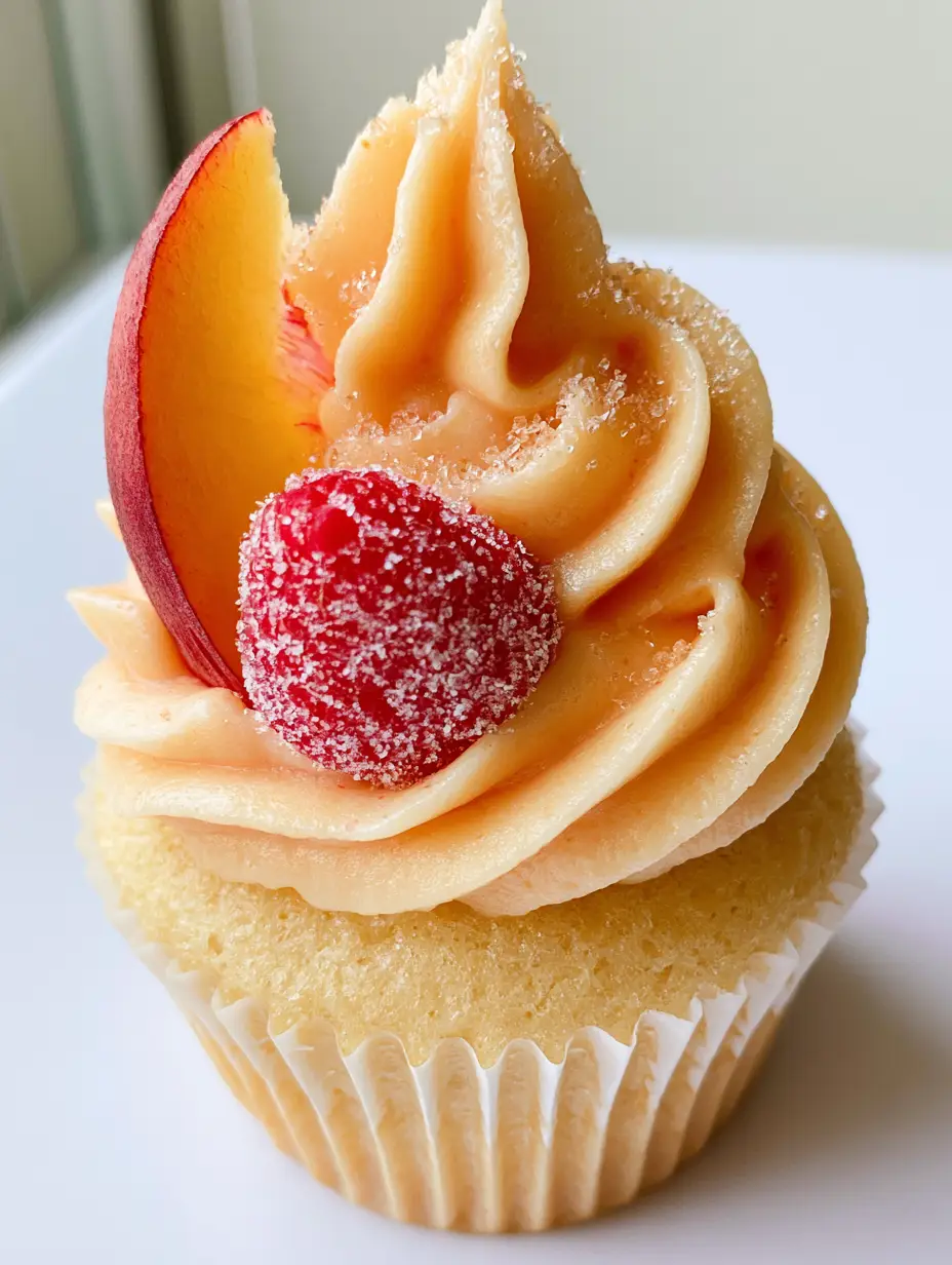 Detailed view of the pastel orange peach buttercream and sugared red raspberry on top of a Peach Bellini Cupcake.