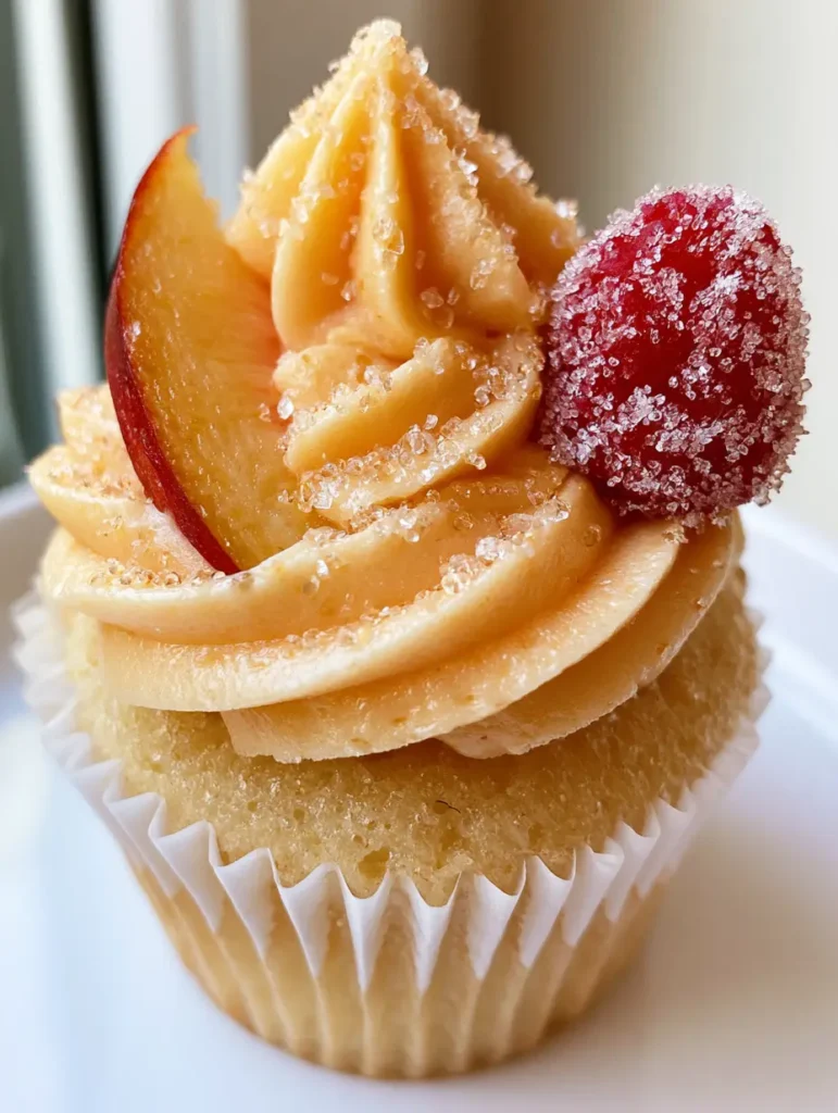 Two Peach Bellini Cupcakes sitting on a clean white surface with sparkling sugar crystals visible on the frosting.