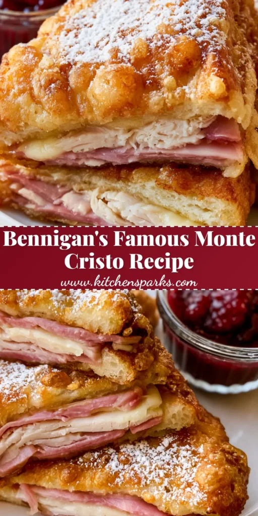 Monte Cristo Sandwich: The Ultimate Deep-Fried Crispy Classic Recipe 4 A deep-fried Monte Cristo Sandwich sliced into triangles, dusted with powdered sugar, and served with a side of red raspberry jam on a wooden table.