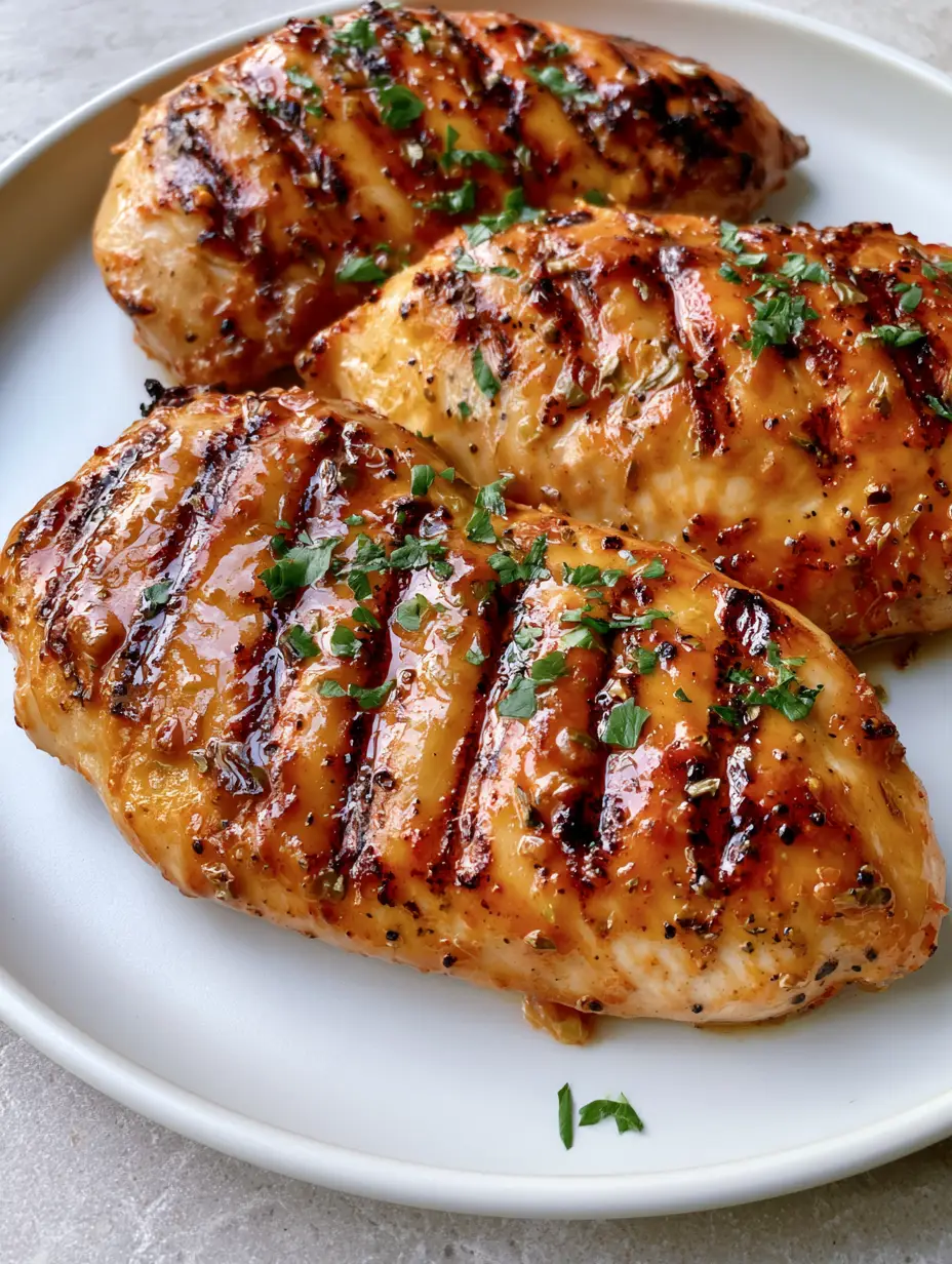 Smartphone photo of three moist grilled chicken breasts with parallel char marks and a golden-brown glaze. (Grilled Chicken Marinade)