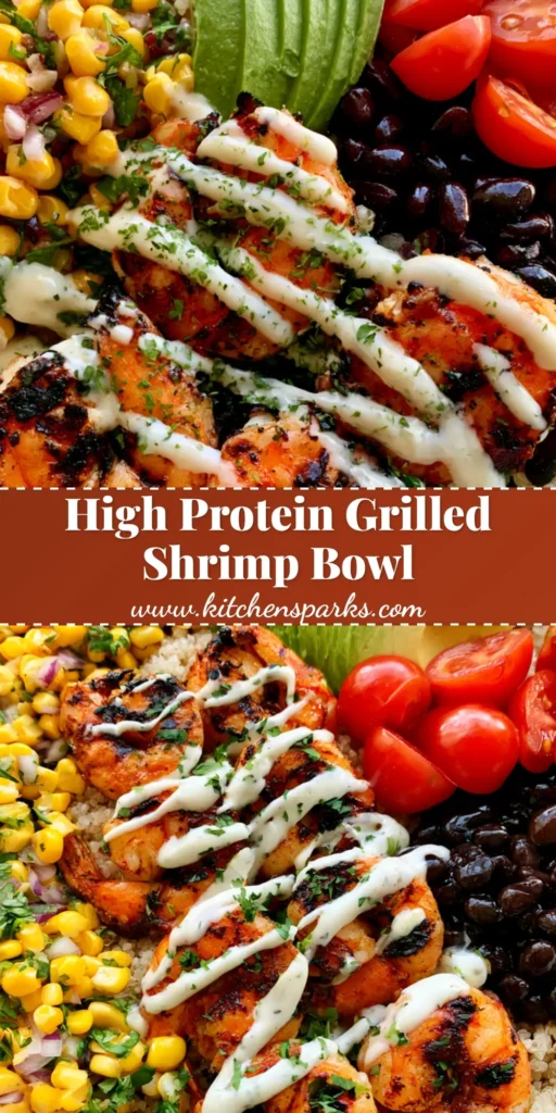 Healthy Grilled Shrimp Bowl with Garlic Cream Drizzle 4 A top-down view of a Healthy Grilled Shrimp Bowl in a white ceramic bowl featuring charred shrimp, fanned avocado, corn salsa, and a thick white garlic drizzle.