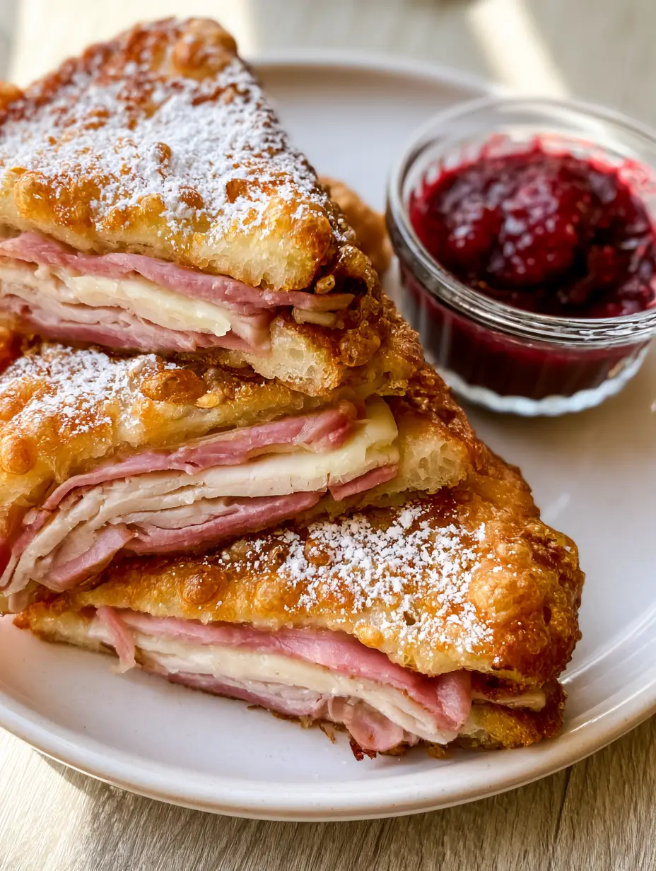 Monte Cristo Sandwich: The Ultimate Deep-Fried Crispy Classic Recipe 3 Close-up of a deep-fried Monte Cristo sandwich showing the bubbly golden batter and melted Swiss cheese layers.