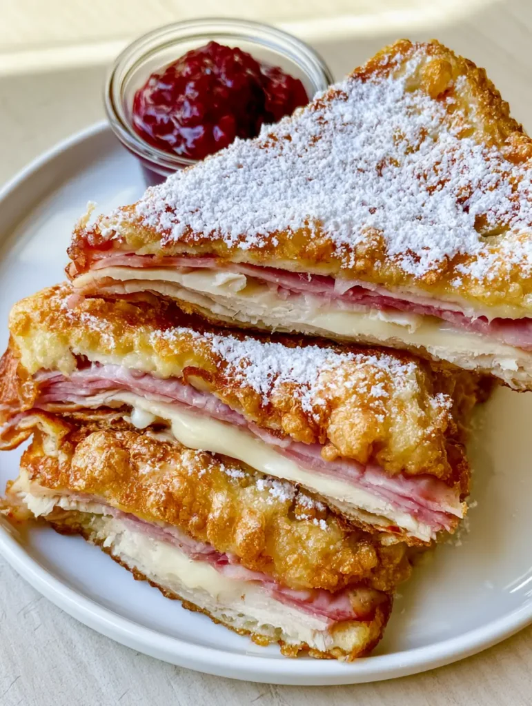 Monte Cristo Sandwich: The Ultimate Deep-Fried Crispy Classic Recipe 1 Two triangles of a Monte Cristo sandwich stacked on a plate with powdered sugar and a ramekin of glossy raspberry jam.