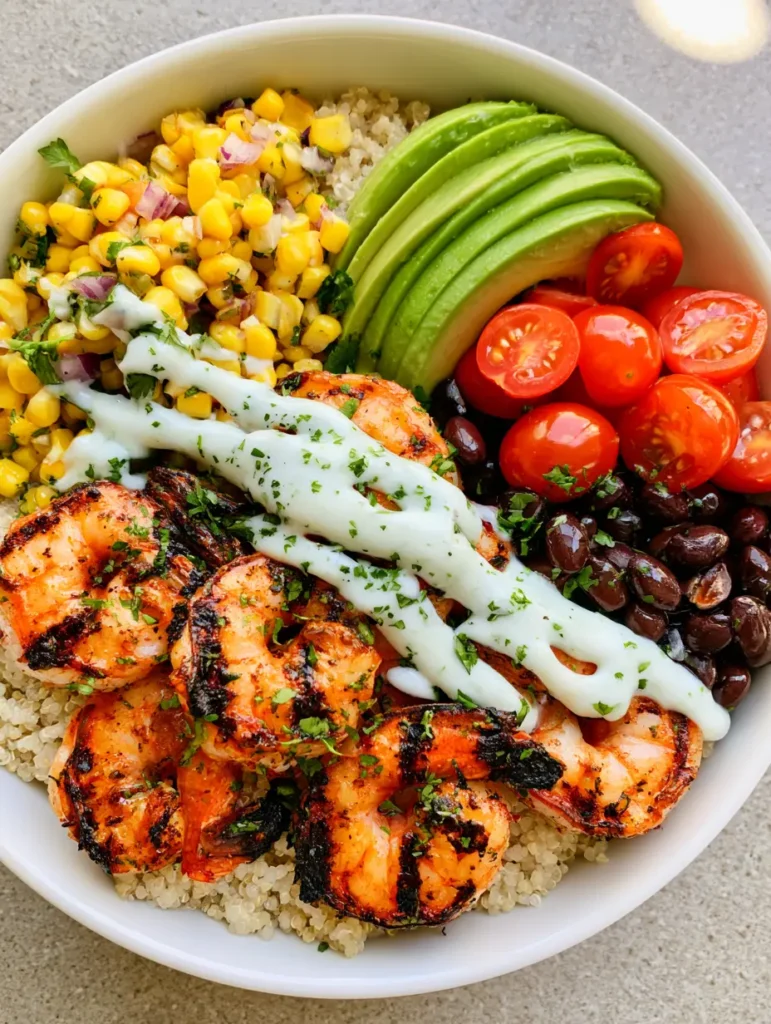 Healthy Grilled Shrimp Bowl with Garlic Cream Drizzle 1 Close up of a Healthy Grilled Shrimp Bowl showing the zig-zag pattern of garlic cream sauce over perfectly grilled pink shrimp.