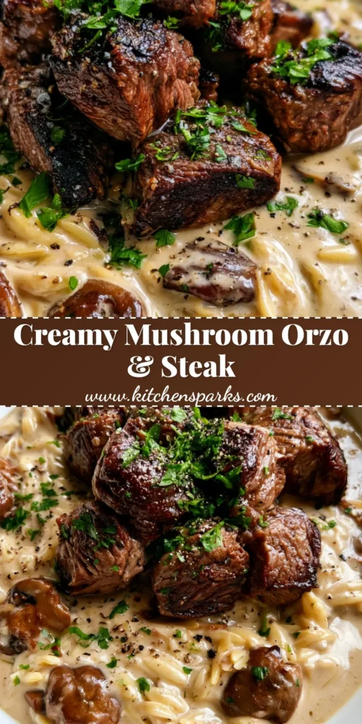 A top-down view of Steak Bites with Mushroom Orzo in a white ceramic bowl, garnished with parsley and cracked black pepper.