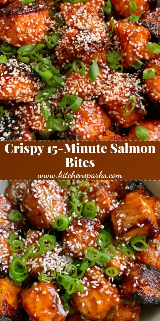 A top-down view of Honey Garlic Salmon Bites with crispy caramelized edges and a glistening amber glaze in a white bowl.